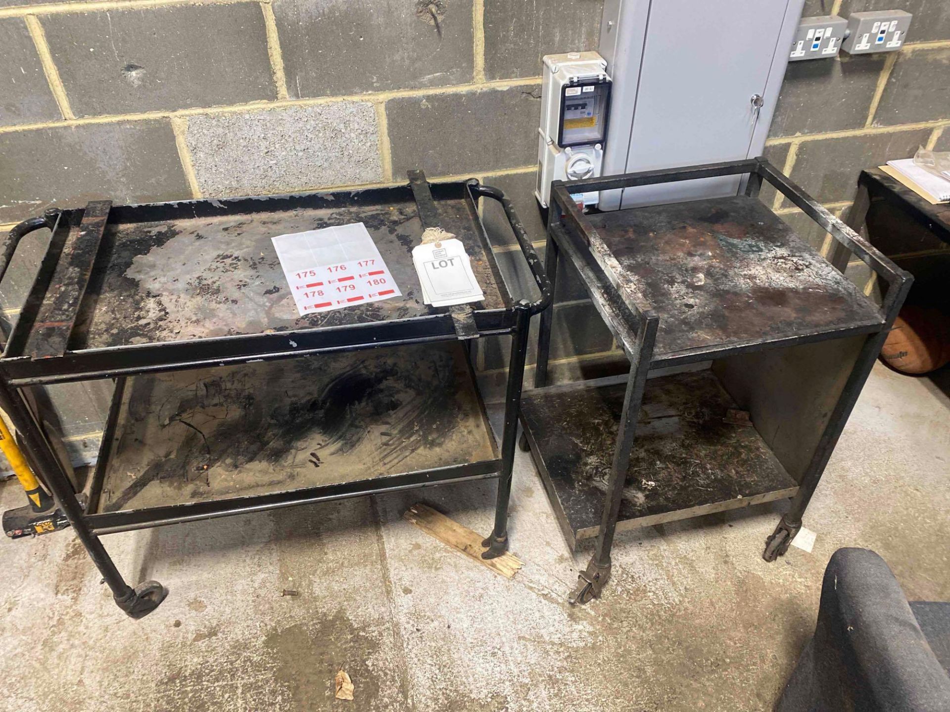 Single drawer desk, cloth bucket seat, two mobile metal shelving units