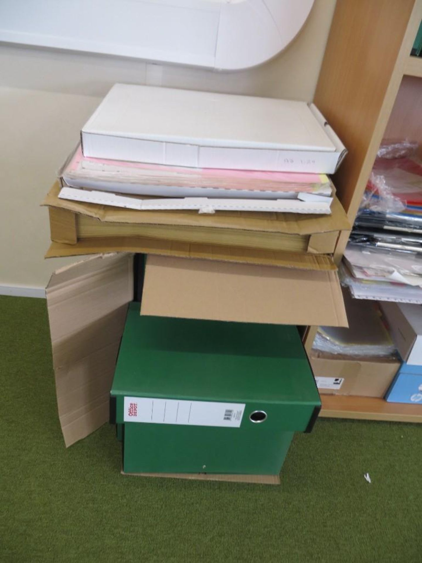 Two light oak veneer 5 shelved bookcases c/w stationery to include printer inks, pens,pencils, marke - Image 2 of 4