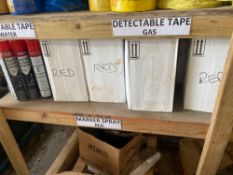 Contents of 4 shelves to include a large quantity of survey and spot marker sprays, red yellow white