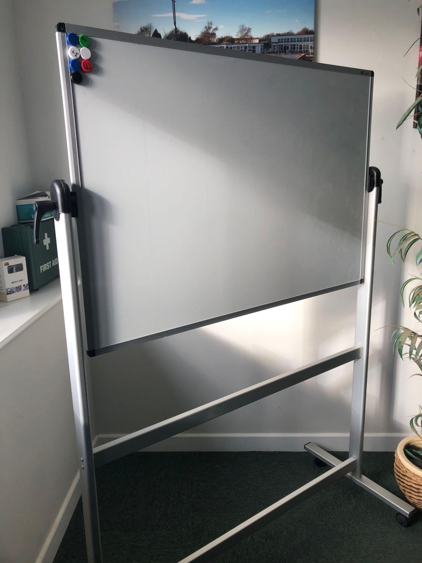 Viz Pro Mobile dry wipe board 1100 mm x 770 mm and an artificial potted plant and container. - Image 2 of 3