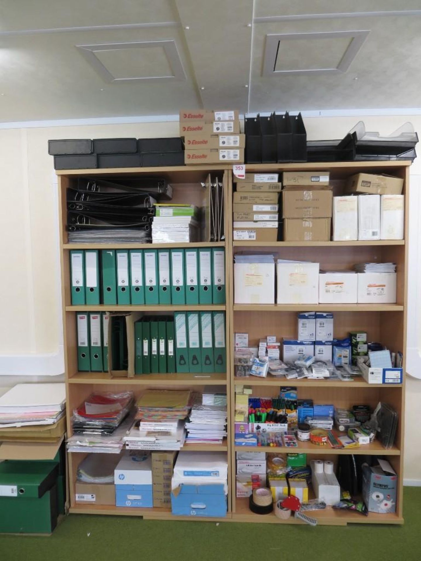 Two light oak veneer 5 shelved bookcases c/w stationery to include printer inks, pens,pencils, marke - Image 3 of 4