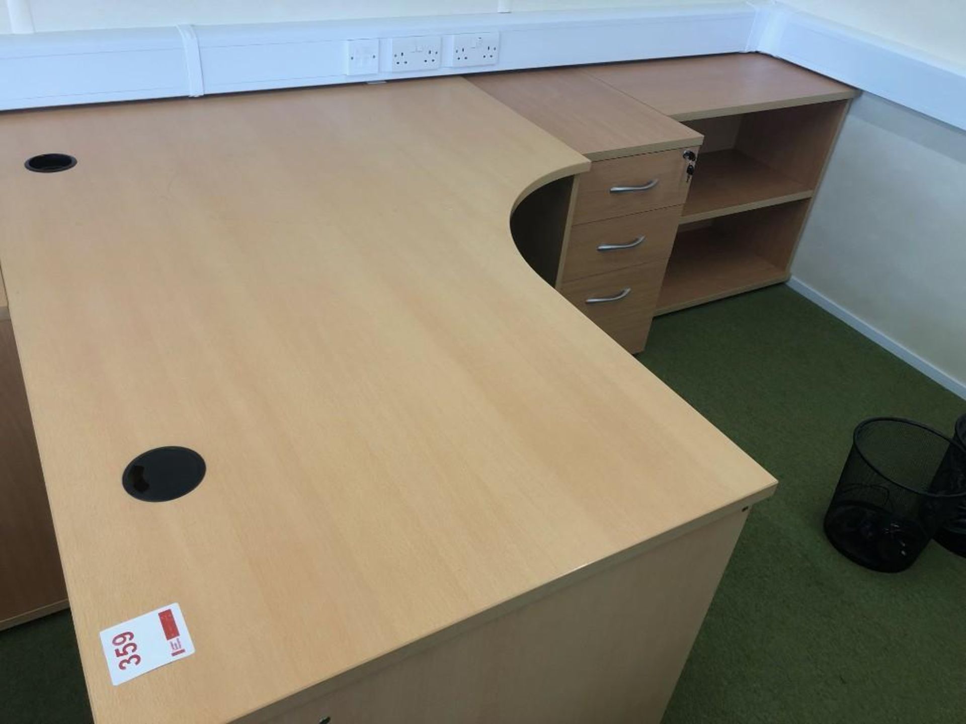 Light oak veneer wavefront workstation c/w desk high pedestal desk high bookcase - Image 2 of 3