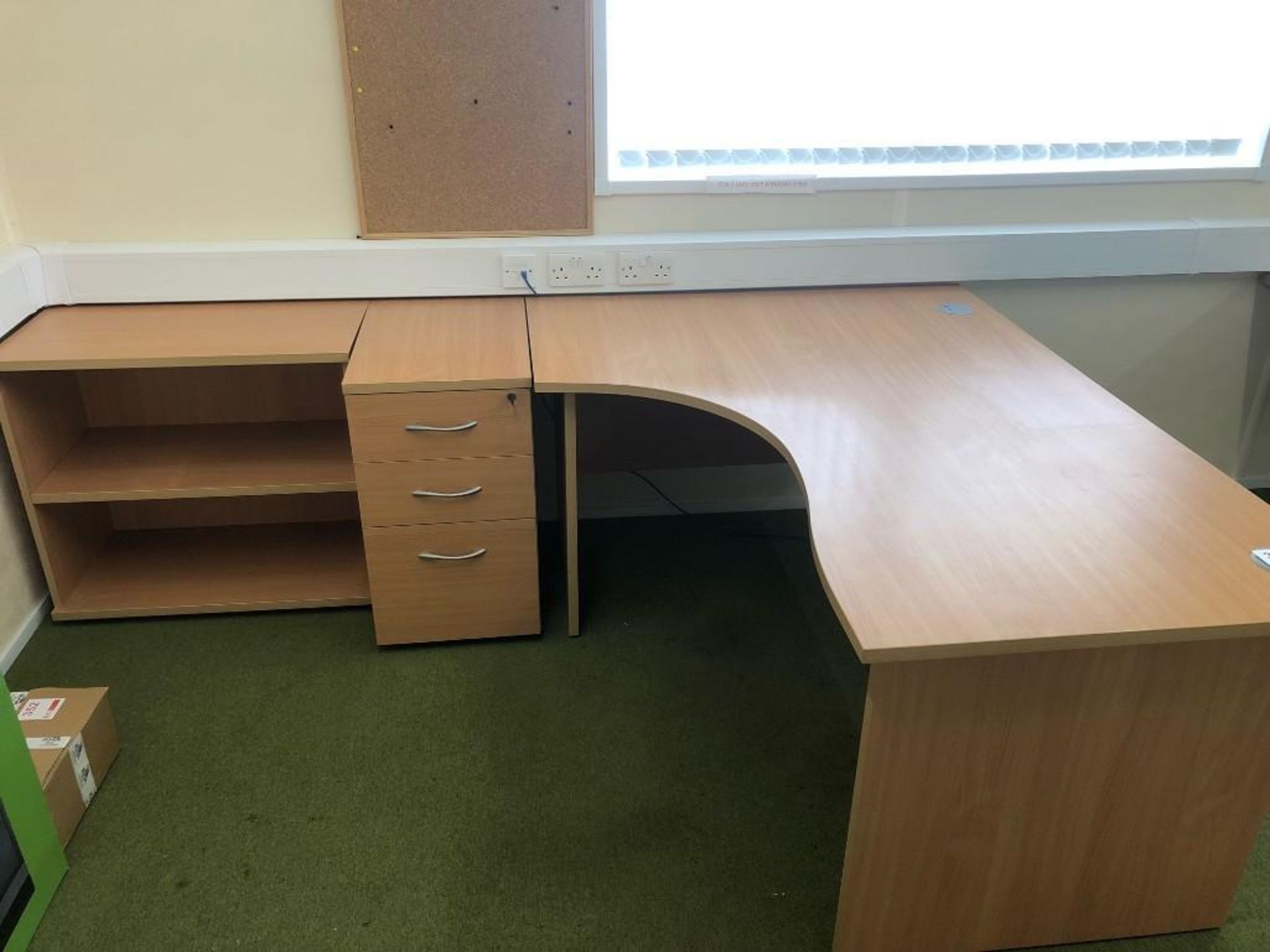 Light oak veneer wavefront workstation c/w desk high pedestal desk high bookcase - Image 2 of 4