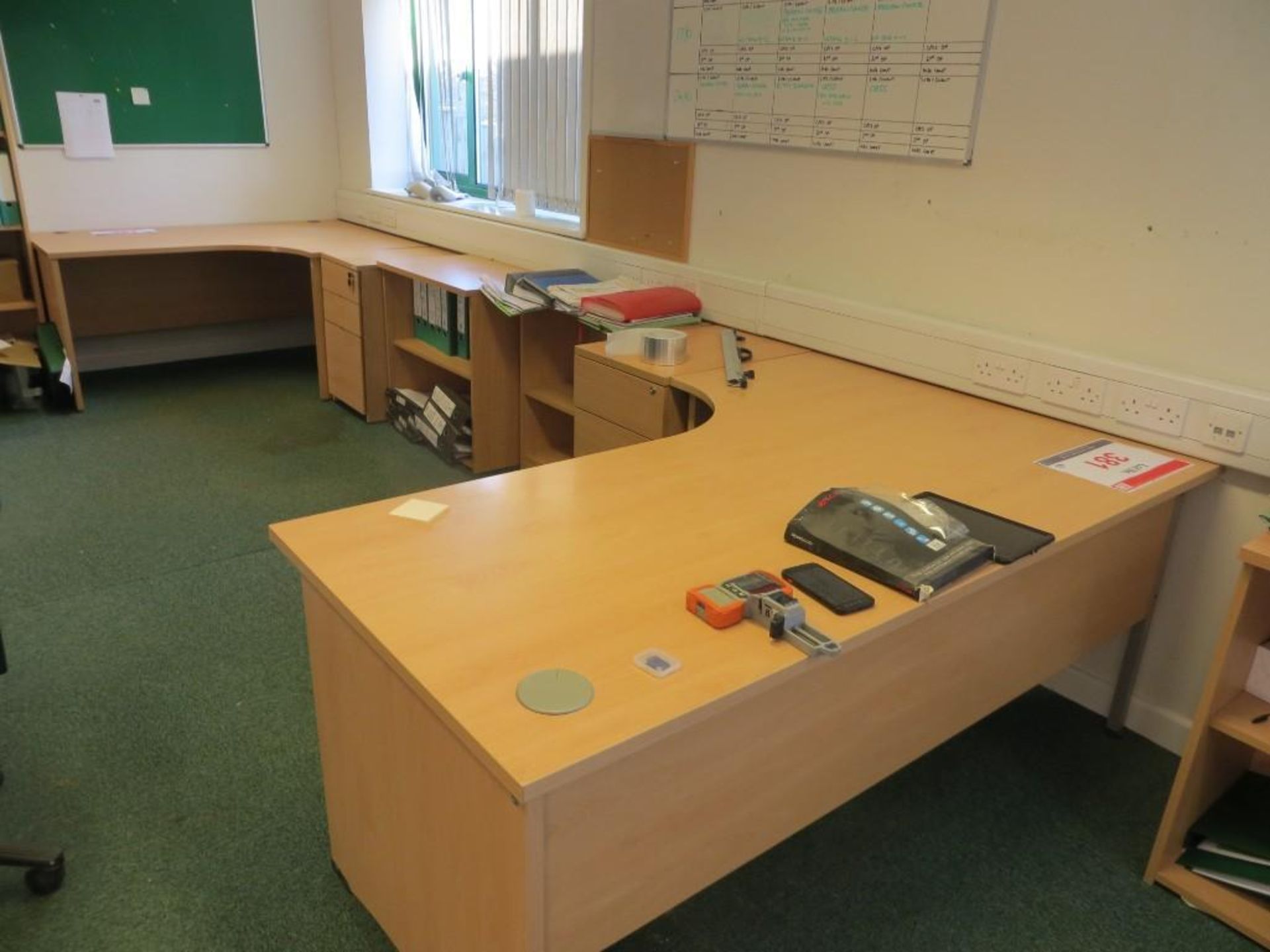 Six light oak veneer wavefront workstations c/w desk high pedestal &amp; desk high bookcase - Image 2 of 3