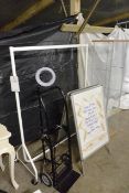 Mobile clothes rails, sack truck, "A" frame display board and glass fronted display cabinet **