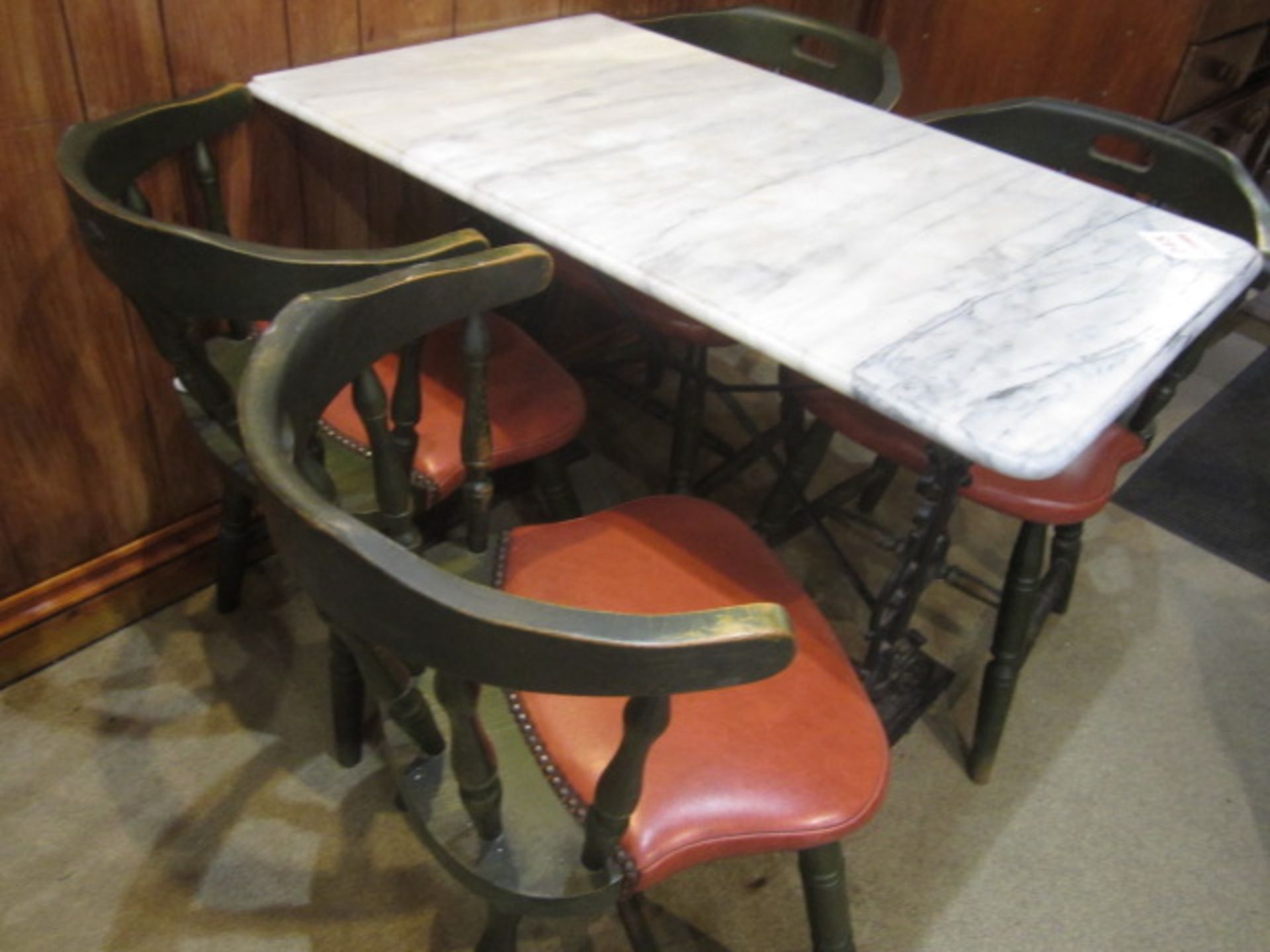 Marble top, cast frame tables, 610mm x 1020mm with 4 x wooden frame tub chairs **Located: Puddy Mark - Image 2 of 2