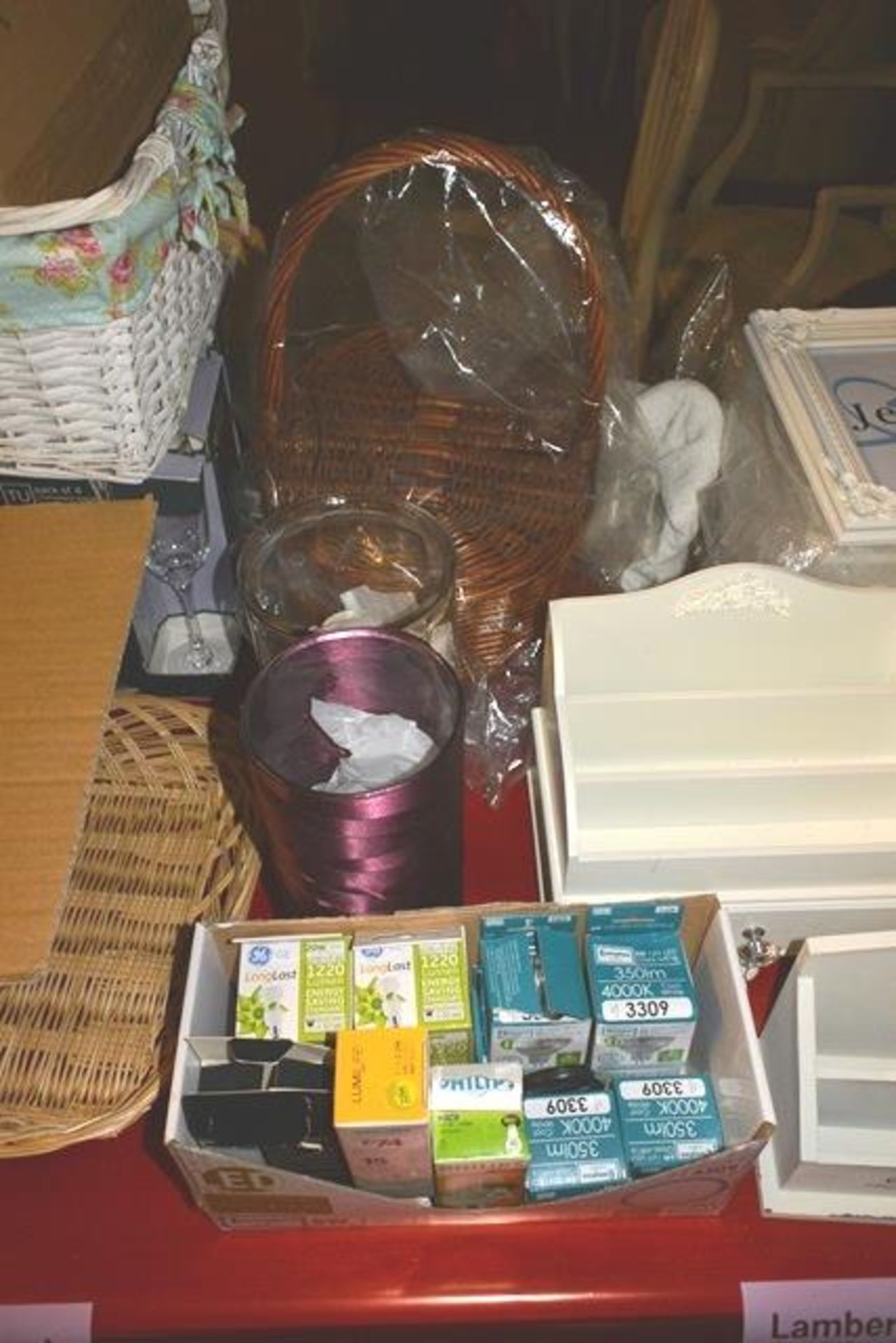 contents of table, to inc: glassware, lightbulbs, digital keypad safe, photoframes, decorations, - Image 2 of 4