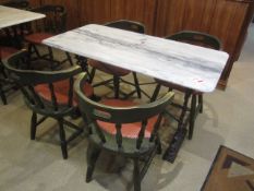 Marble top, cast frame tables, 610mm x 1220mm with 4 x wooden frame tub chairs **Located: Puddy Mark