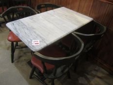 Marble top, cast frame tables, 610mm x 1020mm with 4 x wooden frame tub chairs **Located: Puddy Mark