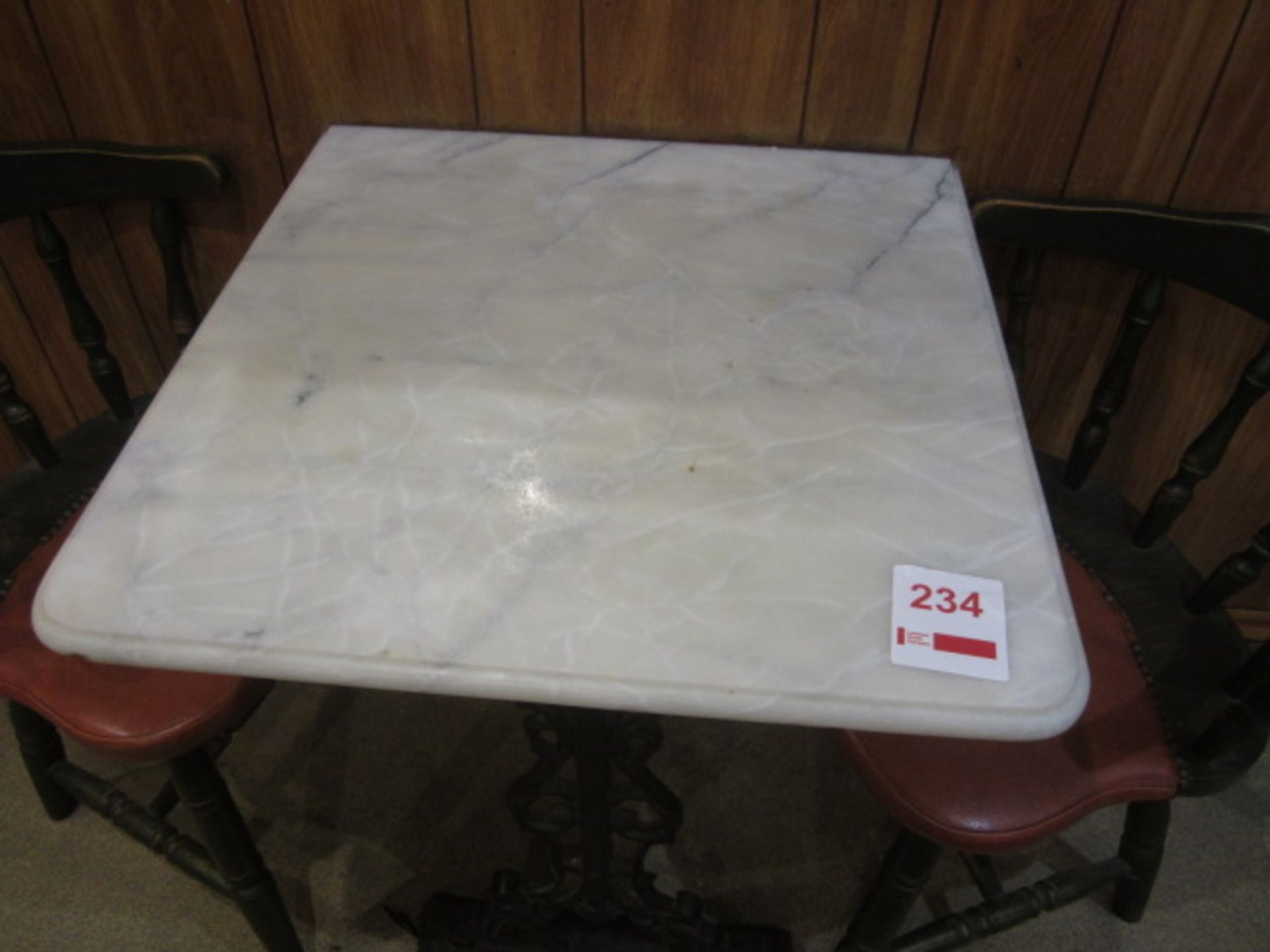 Two marble top, cast frame tables, 600mm x 610mm - fixed to wall, only one leg and 3 x wooden - Image 3 of 3