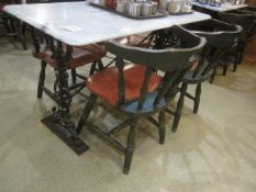 Marble top, cast frame tables, 610mm x 1220mm with 4 x wooden frame tub chairs **Located: Puddy Mark