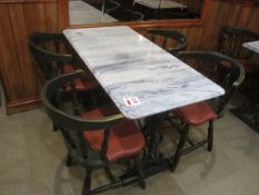 Marble top, cast frame tables, 610mm x 1220mm with 4 x wooden frame tub chairs **Located: Puddy Mark