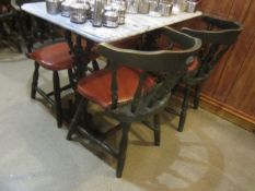 Marble top, cast frame tables, 610mm x 1020mm with 4 x wooden frame tub chairs **Located: Puddy Mark