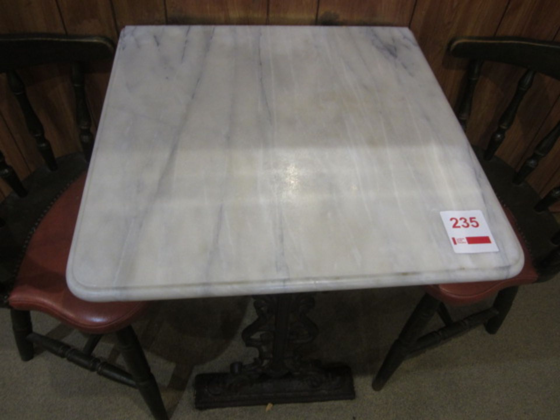 Two marble top, cast frame tables, 600mm x 610mm - fixed to wall, only one leg and 4 x wooden - Image 3 of 3