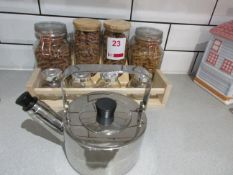 Stainless Steel whistle kettle, various glass storage containers