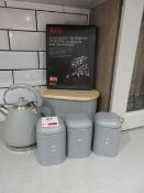 Grey kettle, bread bin, tea, coffee and sugar storage containers, AEG glass dish washer basket