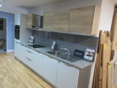 Mackintosh Metrica Gloss Grey / Linear New England Oak showroom display kitchen comprising of: - 1 x