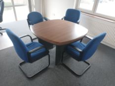 Contents of boardroom to include square wood meeting table, five blue cushion upholstered meeting