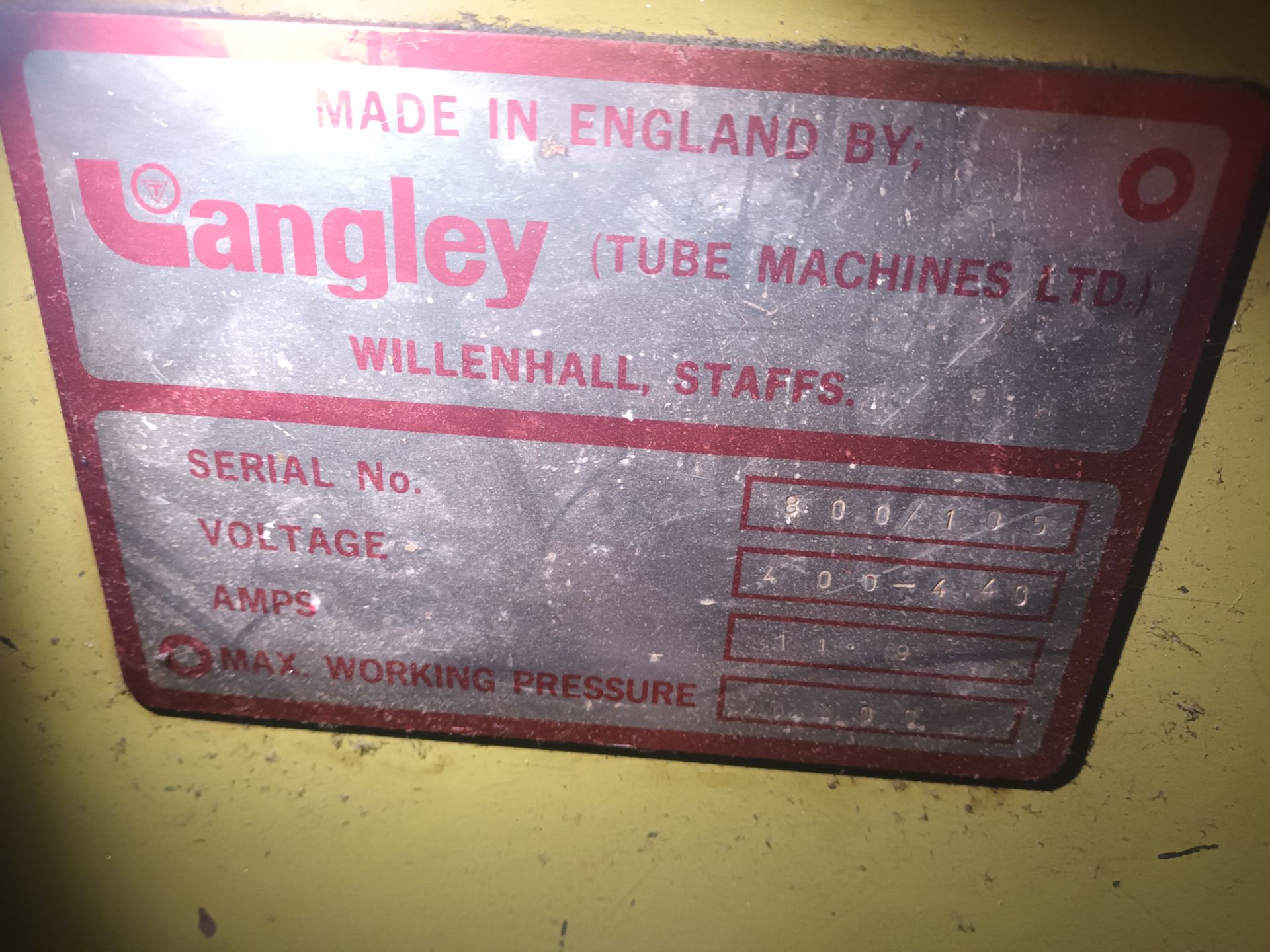 Langley tube machine s/n 800/105, 440v *A work Method Statement and Risk Assessment must be reviewed - Image 2 of 3