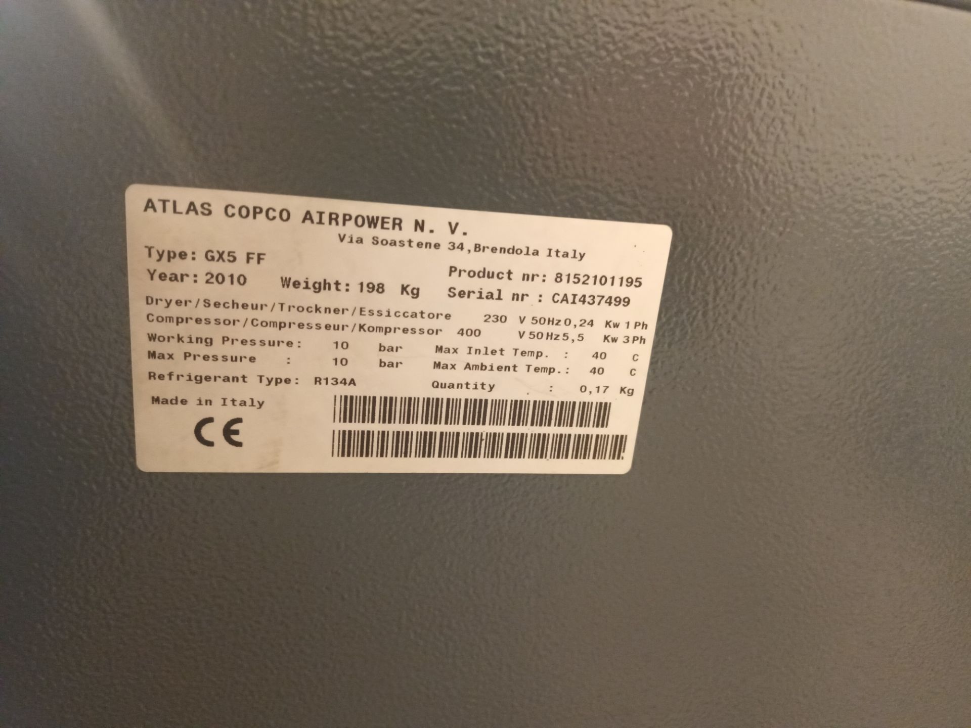 Atlas Copco GX5FF receiver mounted compressor (2010) Serial No. 8152101195 - Image 2 of 3