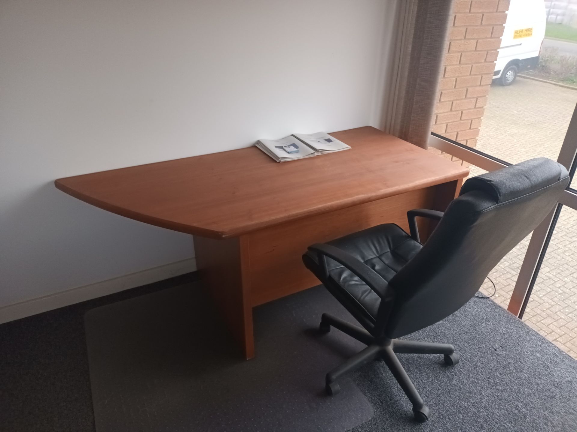 Contents of boardroom to include square wood meeting table, five blue cushion upholstered meeting - Image 2 of 4