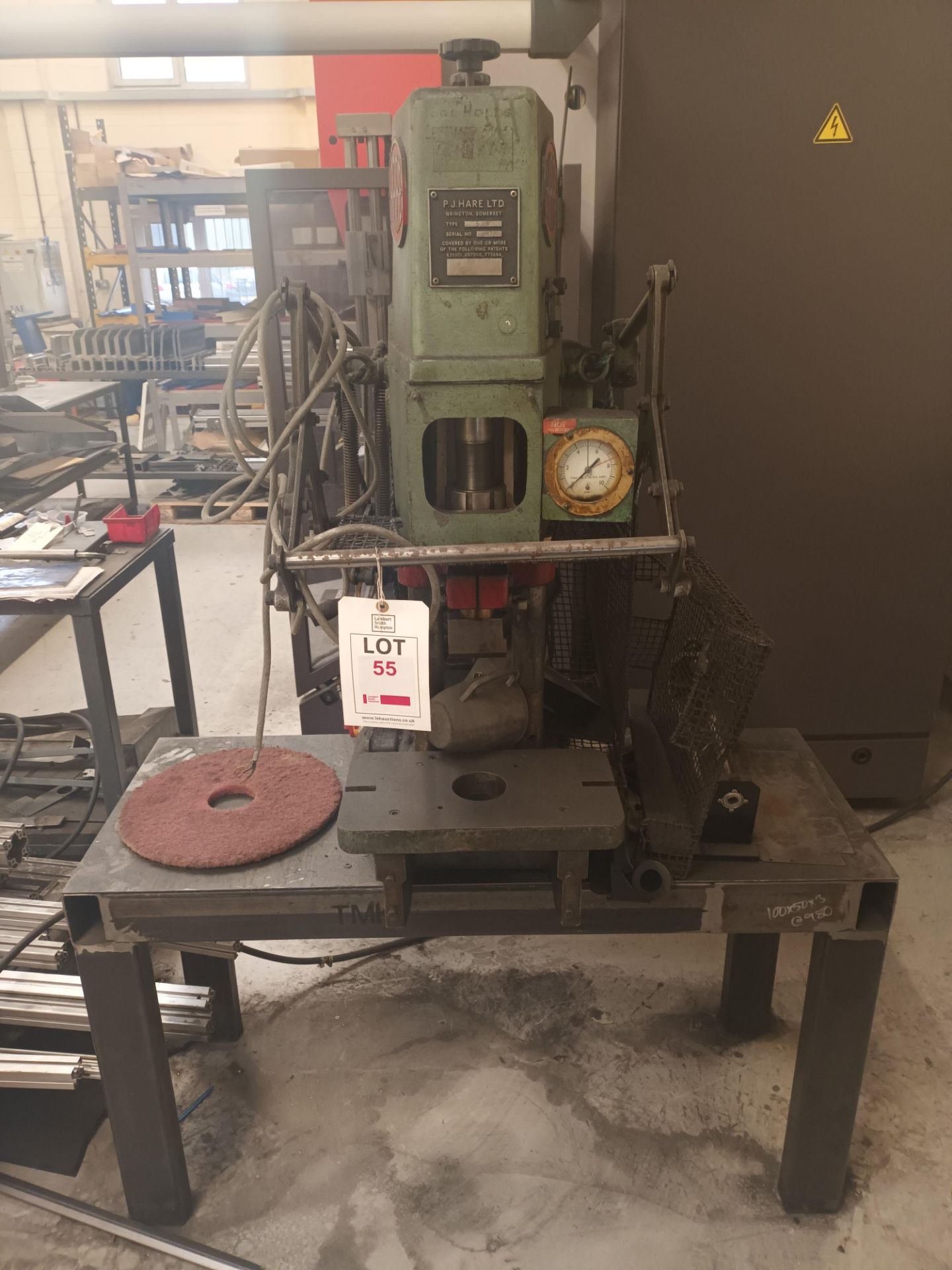 PJ Hare 5BS press machine on steel welded table (Not in working order)