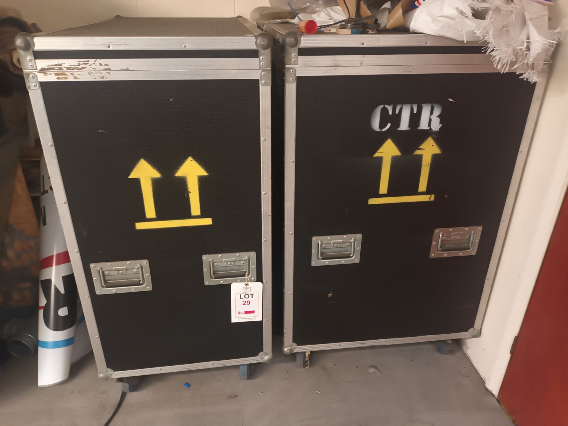 Three various sized flight cases comprising of a 8m x 3m stand