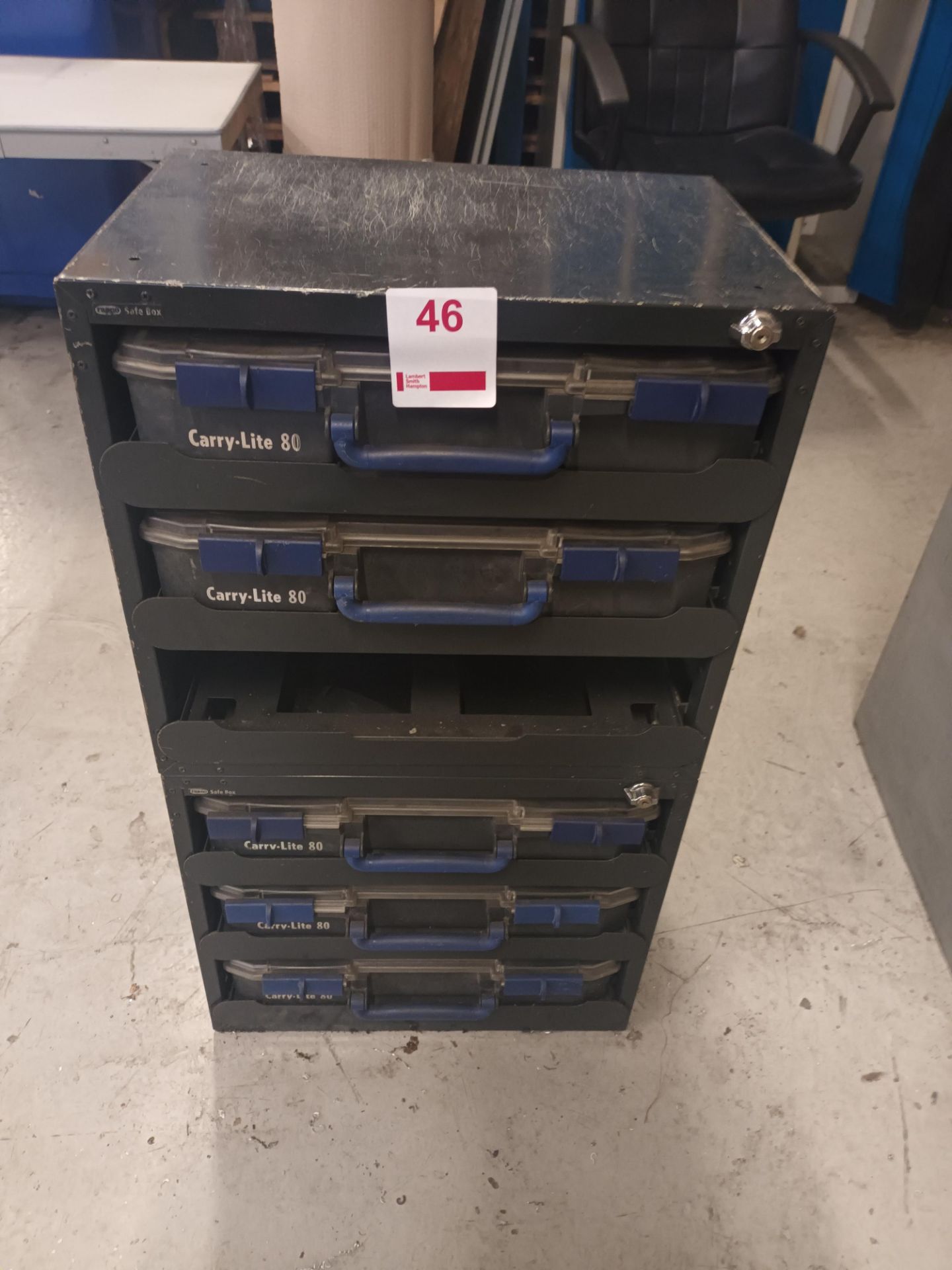 Six tier tool chest with five CarryLite 80 cases