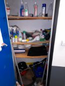 Contents of janitor cupboard, to include Numatic Henry vacuum cleaner, mops, brushes, and cleaning m