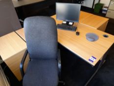 Oak effect ergonomic desk with 3 x desk high pedestals, fabric upholstered office chair, to first fl