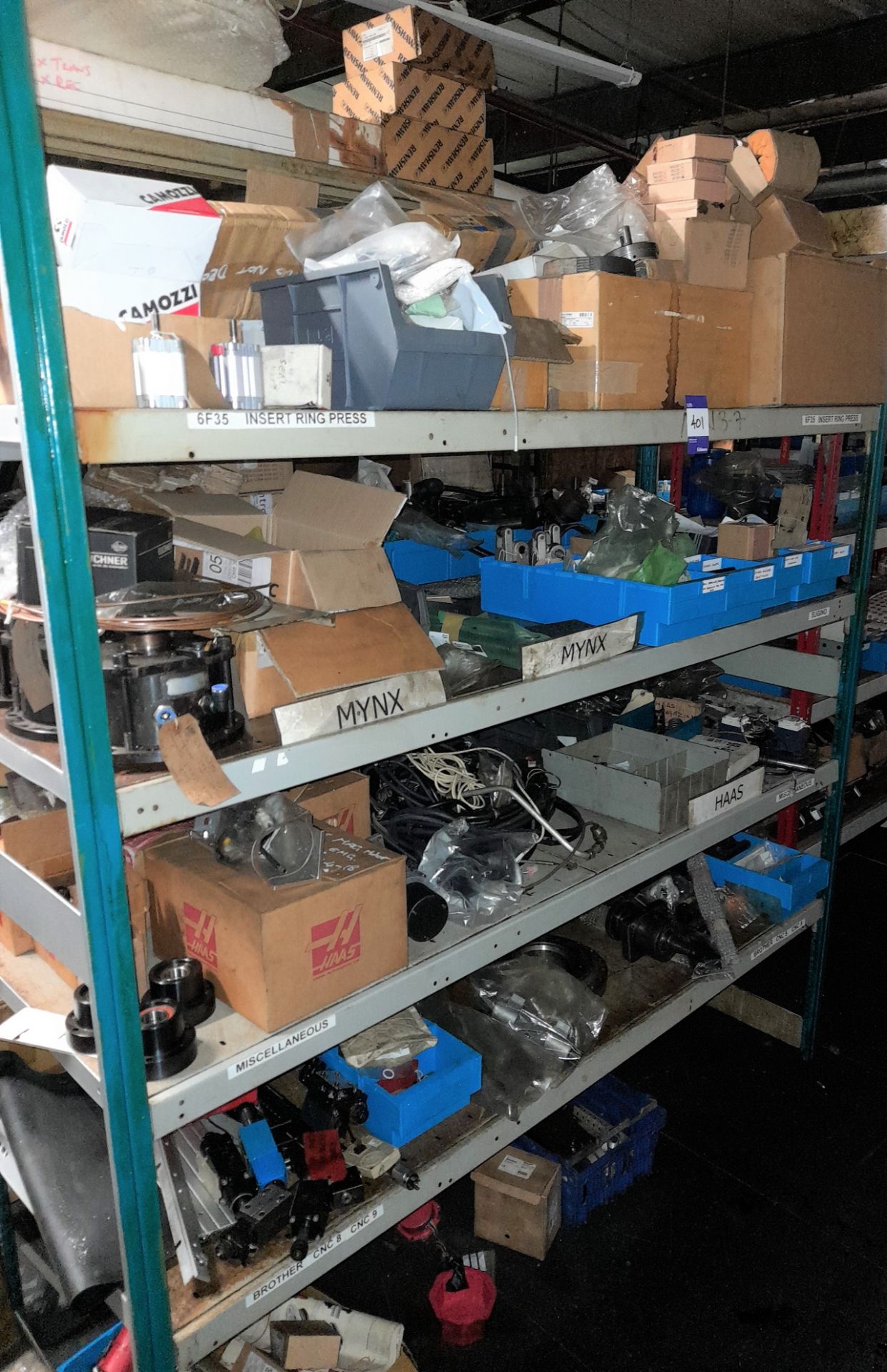 Contents to bay of shelving, to include various CNC mechanical and electrical components