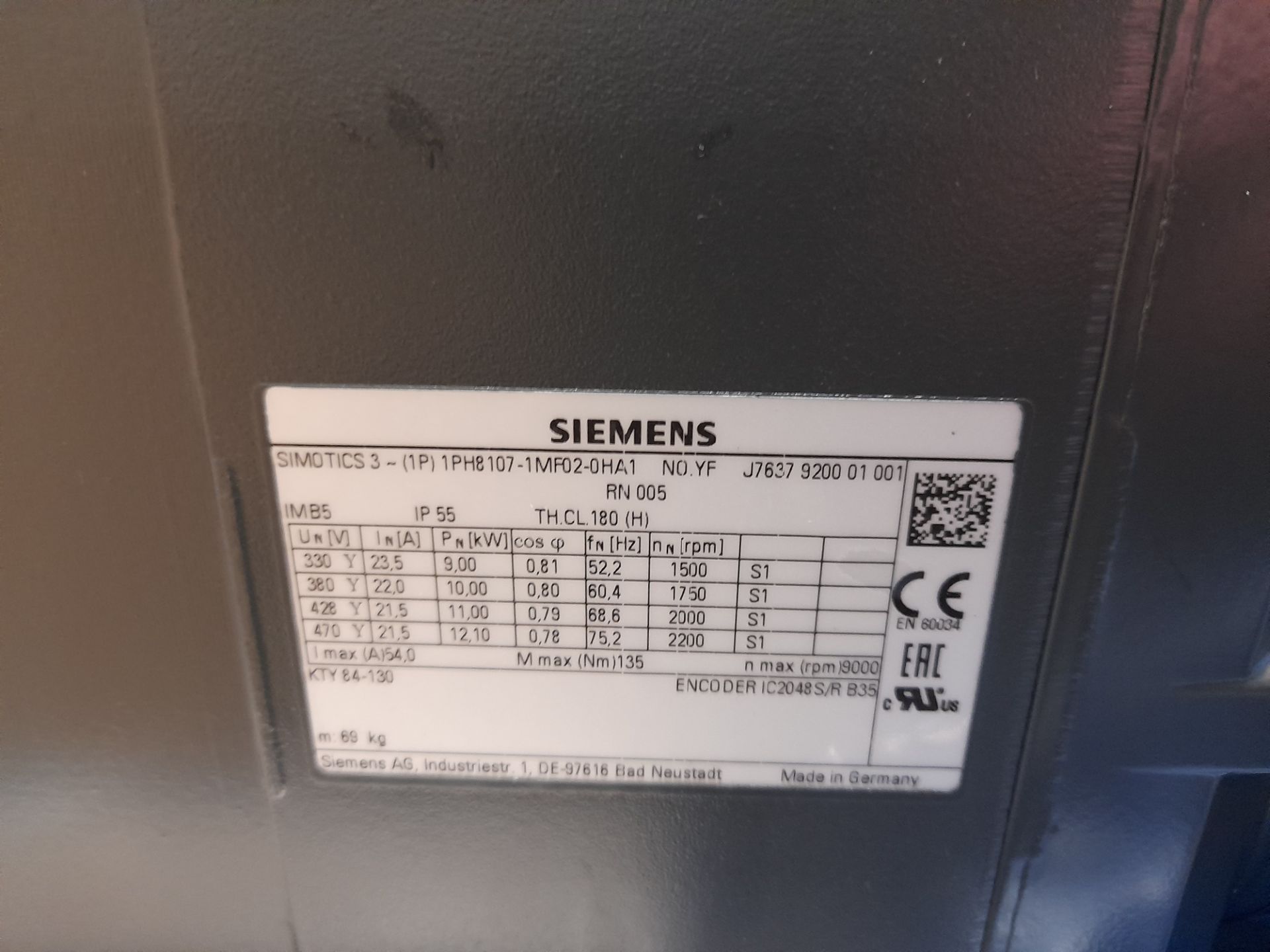 Siemens SIMO TICS3 (IP) IPH8107-IMF02-OHAI No YFJ76379200 01 001 electric motor (Unused) - Image 4 of 5