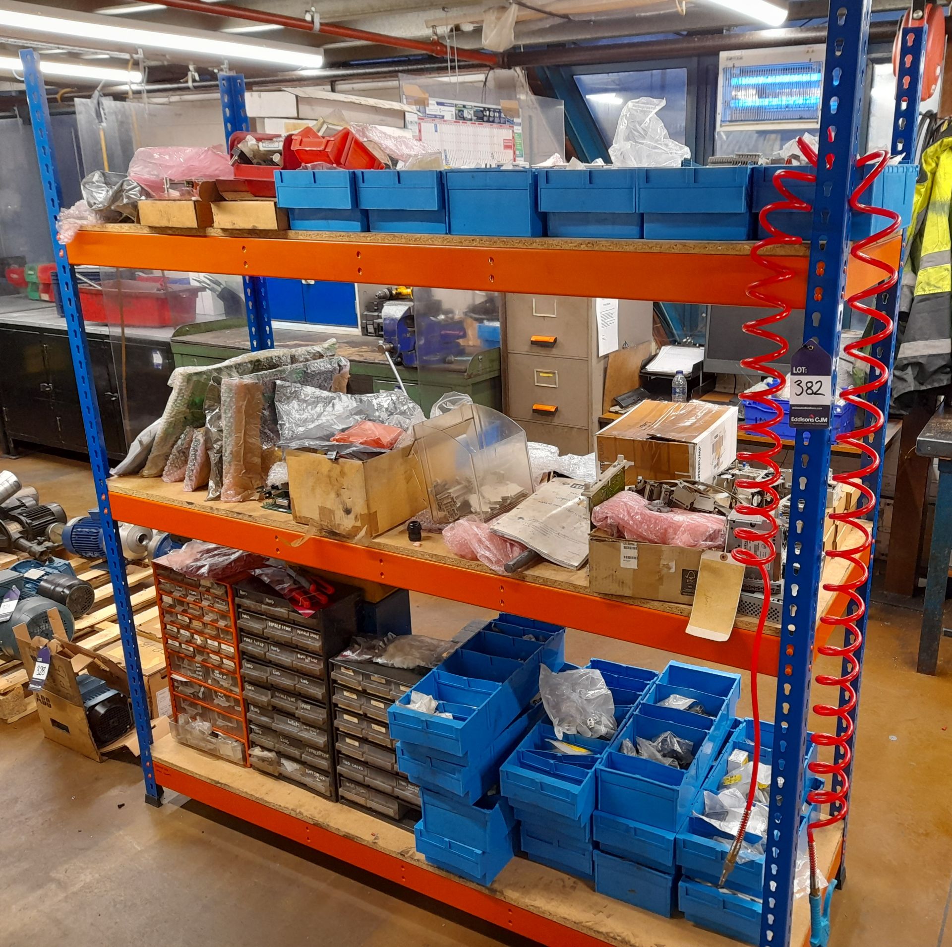 Single bay boltless shelving and contents, to include circuit boards, Siemens fans, batteries, and e