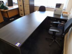 Black oak effect office suite, to first floor office, comprising L-shape desk, mobile 2 drawer pedes