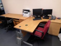 2 x Various oak effect ergonomic desks, with 2 desk high 3 drawer pedestals, 2 office chairs, locate