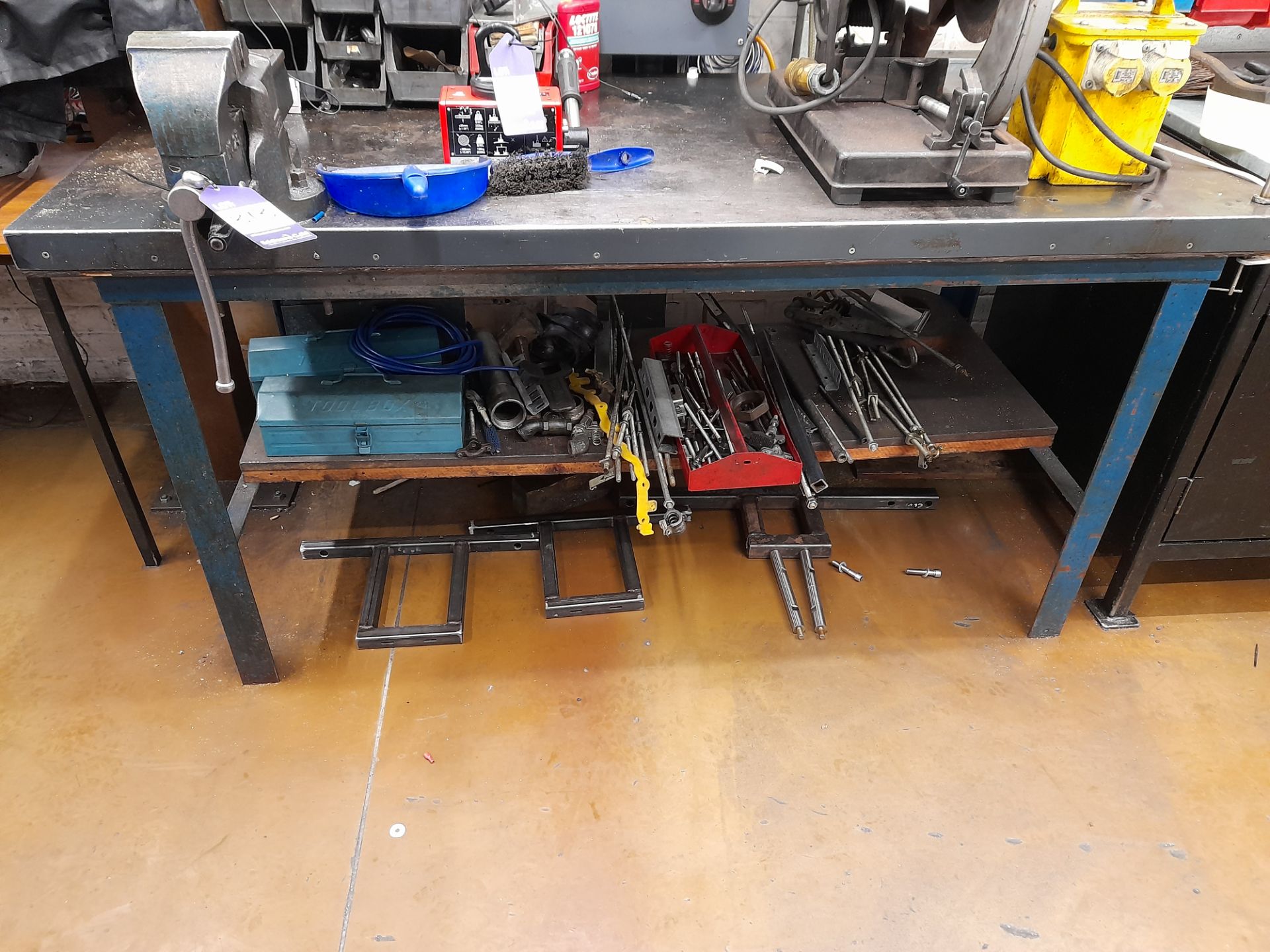 Steel fabricated engineers work bench (Approximately 1730 x 810), with Record No23 vice, and magnify