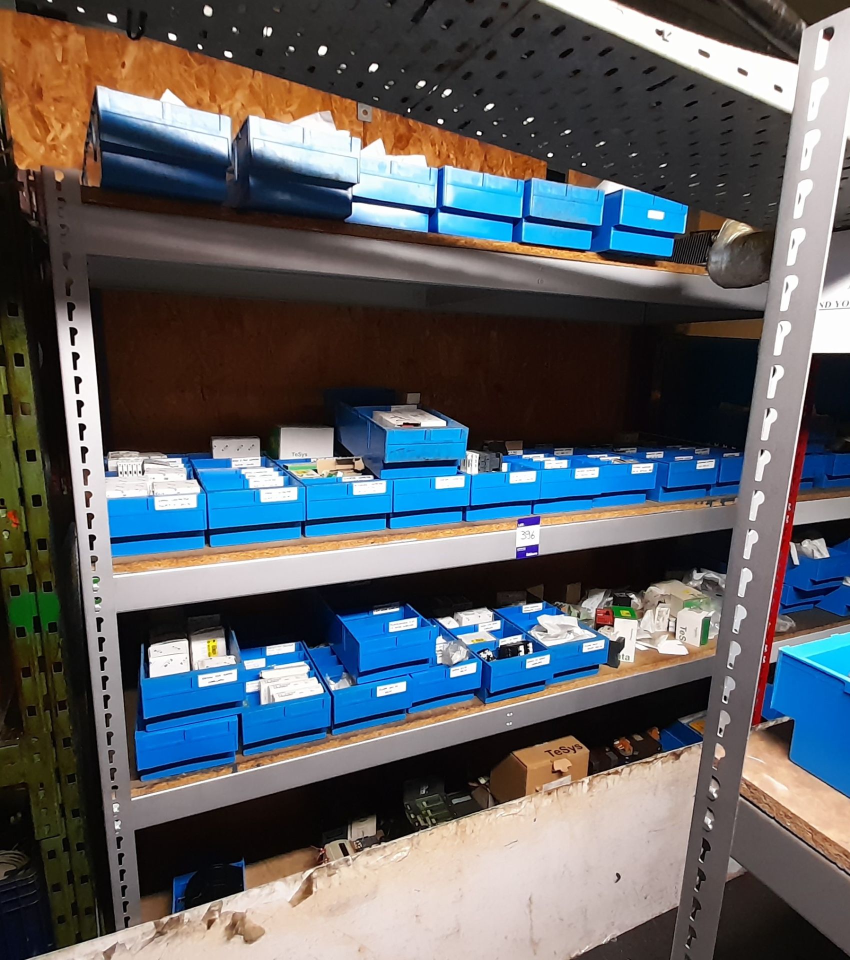 Contents to bay of shelving, to include Schnedor conductors, relays, and various other CNC component