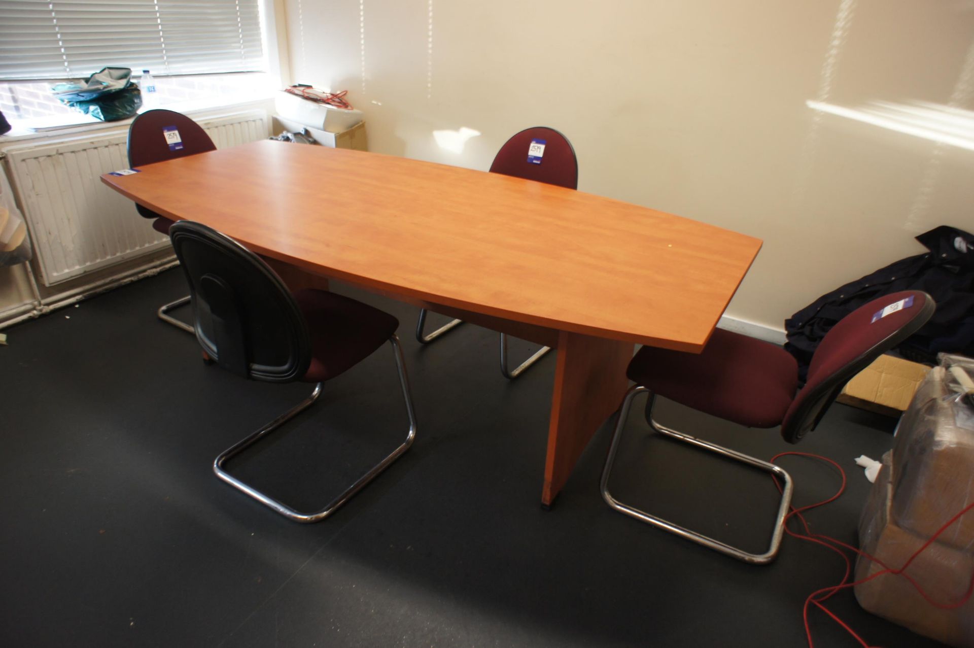 Cherry Effect Shaped Meeting Room Table 2200 x 1100 with 4 Upholstered Chairs