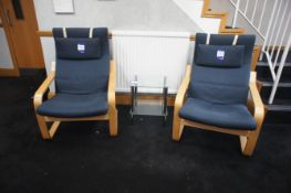 2 x Beech Framed Upholstered Reception Chairs with Glazed Top Coffee Table