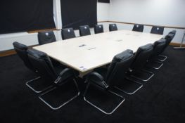 Light Oak Effect 3 Section Boardroom Meeting Table 4.2m x 2m with 14 Leather Effect Chrome Framed Me