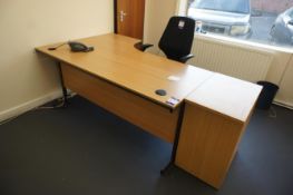 Oak Effect Radius Desk 1800 x 1200 with 2 x Various 3 Drawer Desk High Pedestal and Upholstered Mobi