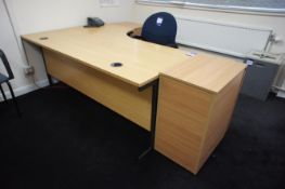 Oak Effect Left Hand Radius Office Desk 1800 x 1200 with Multi Drawer Pedestals and Upholstered Mobi