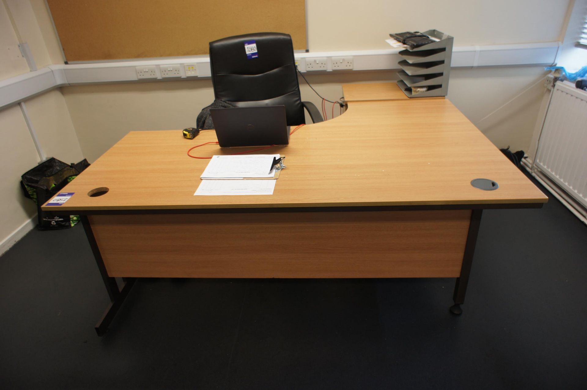 Oak Effect Radius Office Desk 1800 x 1200, 3 Drawer Desk High Pedestal and Leather Effect Office Cha - Image 2 of 4