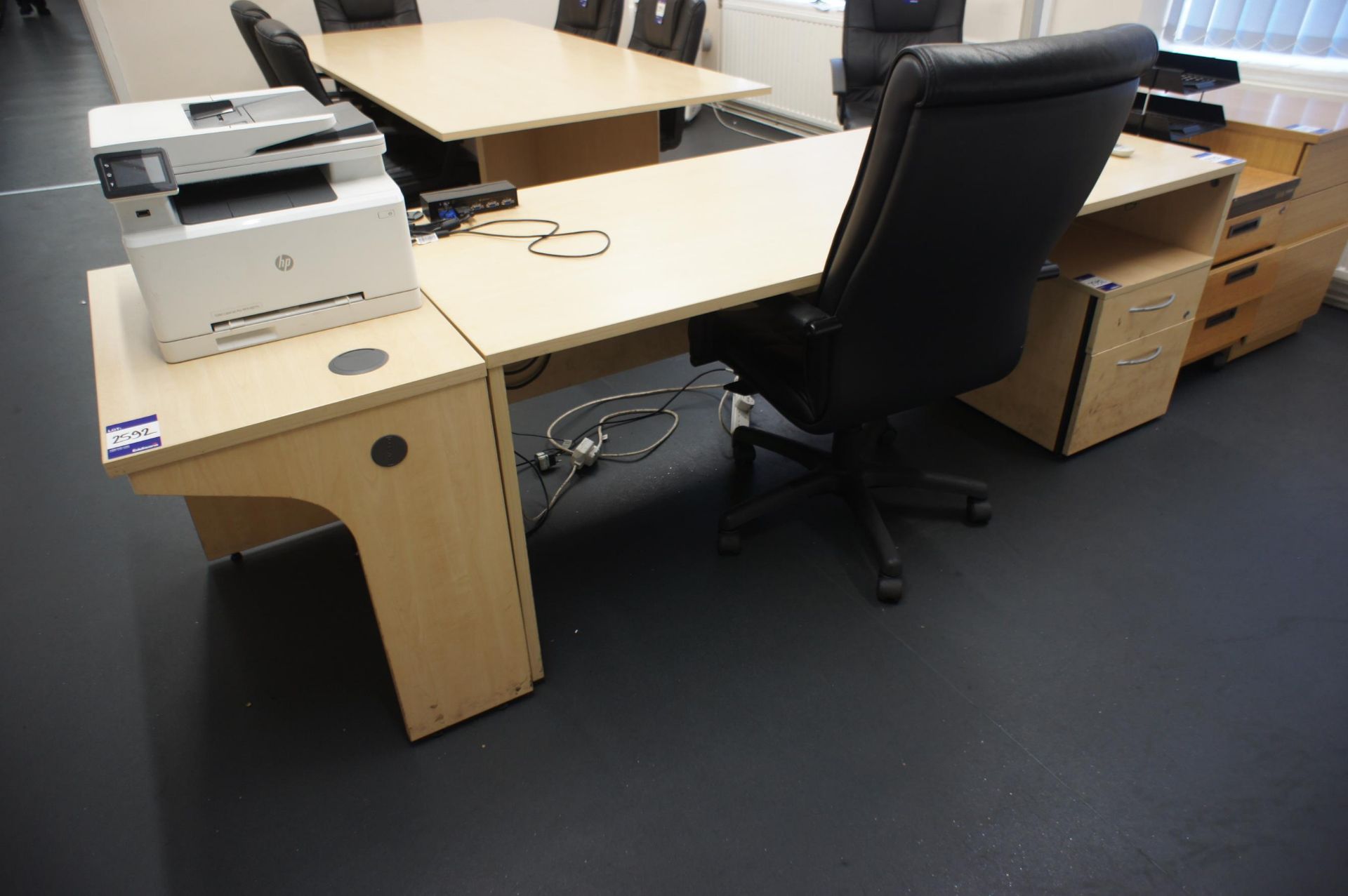 Light Oak Effect Office Desk 200 x 800 with Printer Table 800 x 350, 2 Drawer Pedestal, Leather Effe - Image 2 of 3