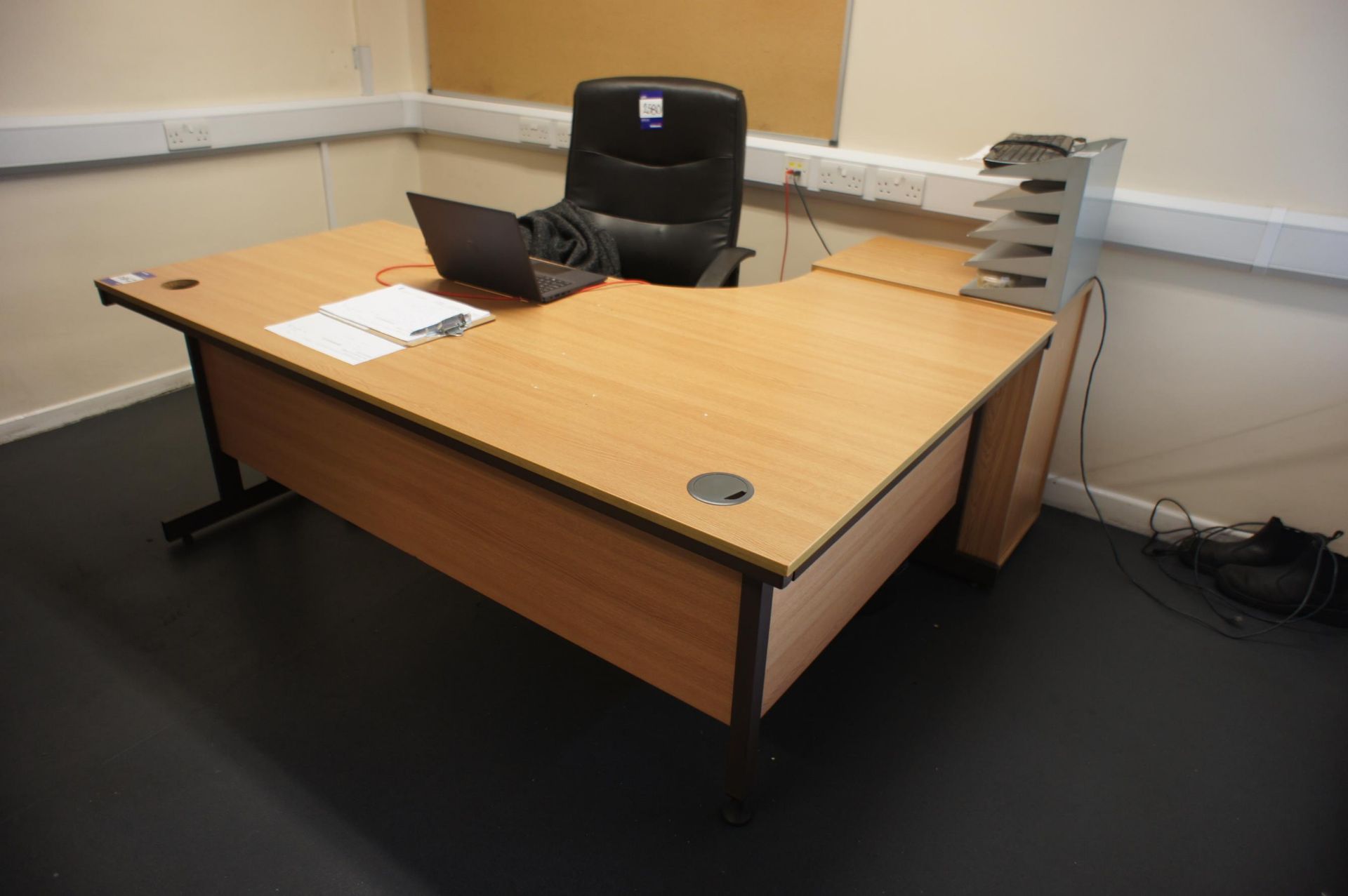 Oak Effect Radius Office Desk 1800 x 1200, 3 Drawer Desk High Pedestal and Leather Effect Office Cha