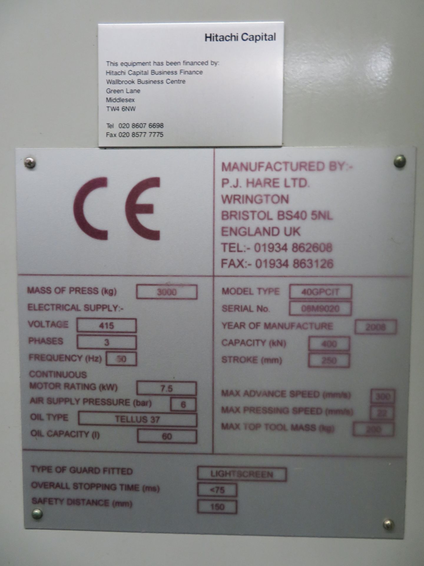 2008 Hare Model GPCIT 40 Ton Hydraulic Press - Image 3 of 3