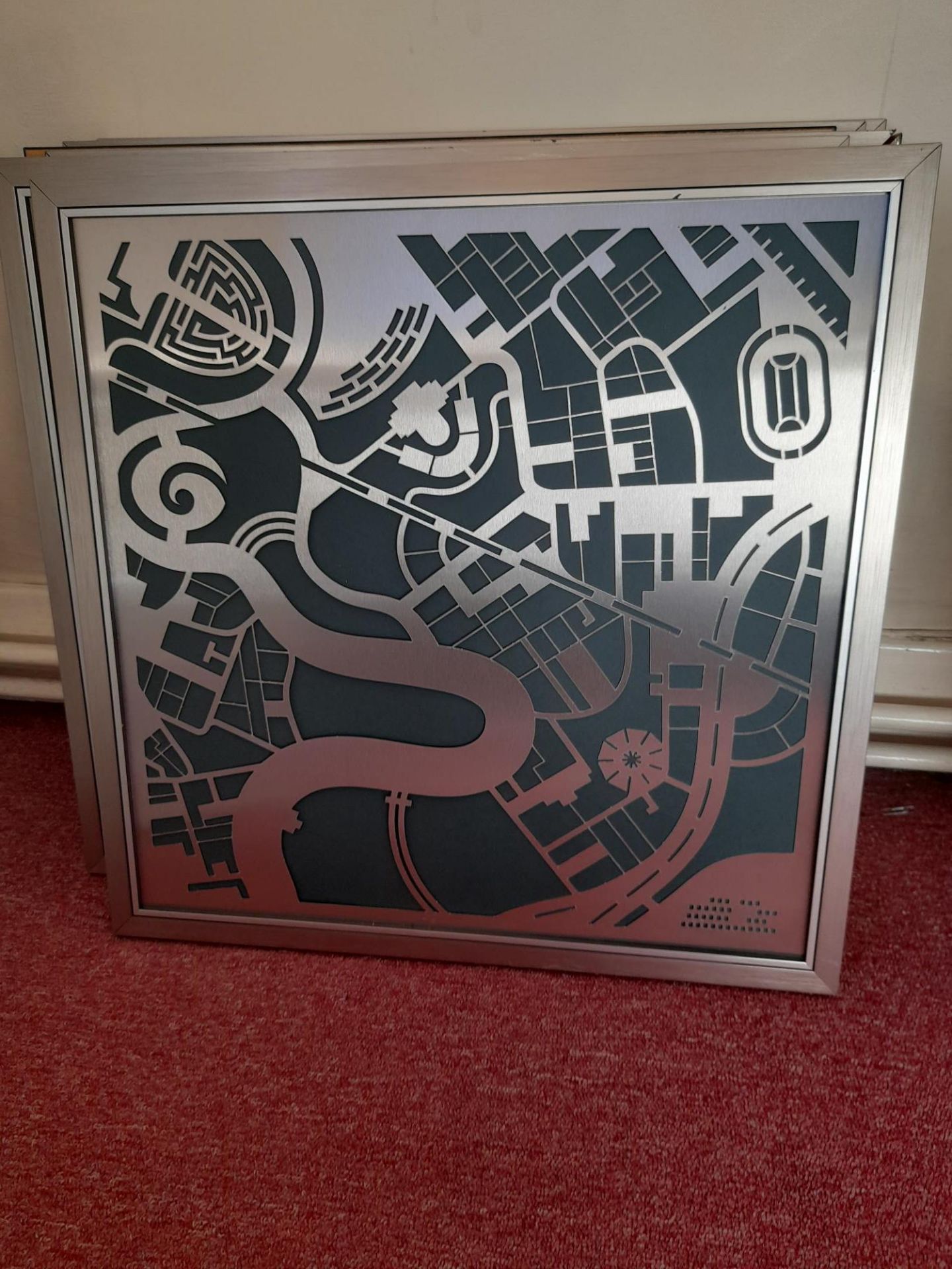 Collection of 6 framed, stylised, laser cut stainless steel maps/artwork (Label to rear noting Hisco - Image 7 of 7