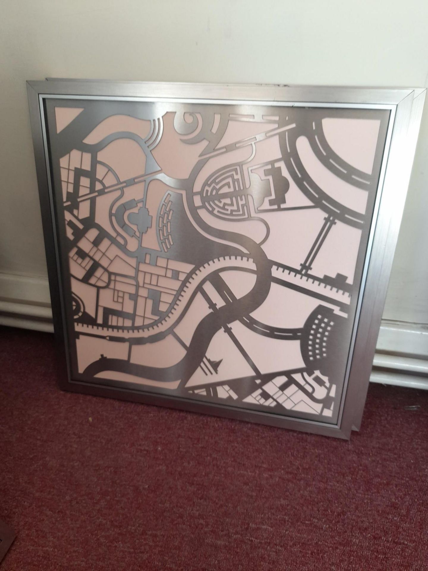 Collection of 6 framed, stylised, laser cut stainless steel maps/artwork (Label to rear noting Hisco