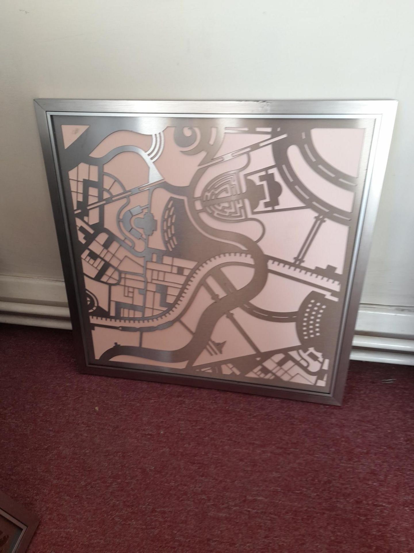 Collection of 6 framed, stylised, laser cut stainless steel maps/artwork (Label to rear noting Hisco - Image 2 of 7