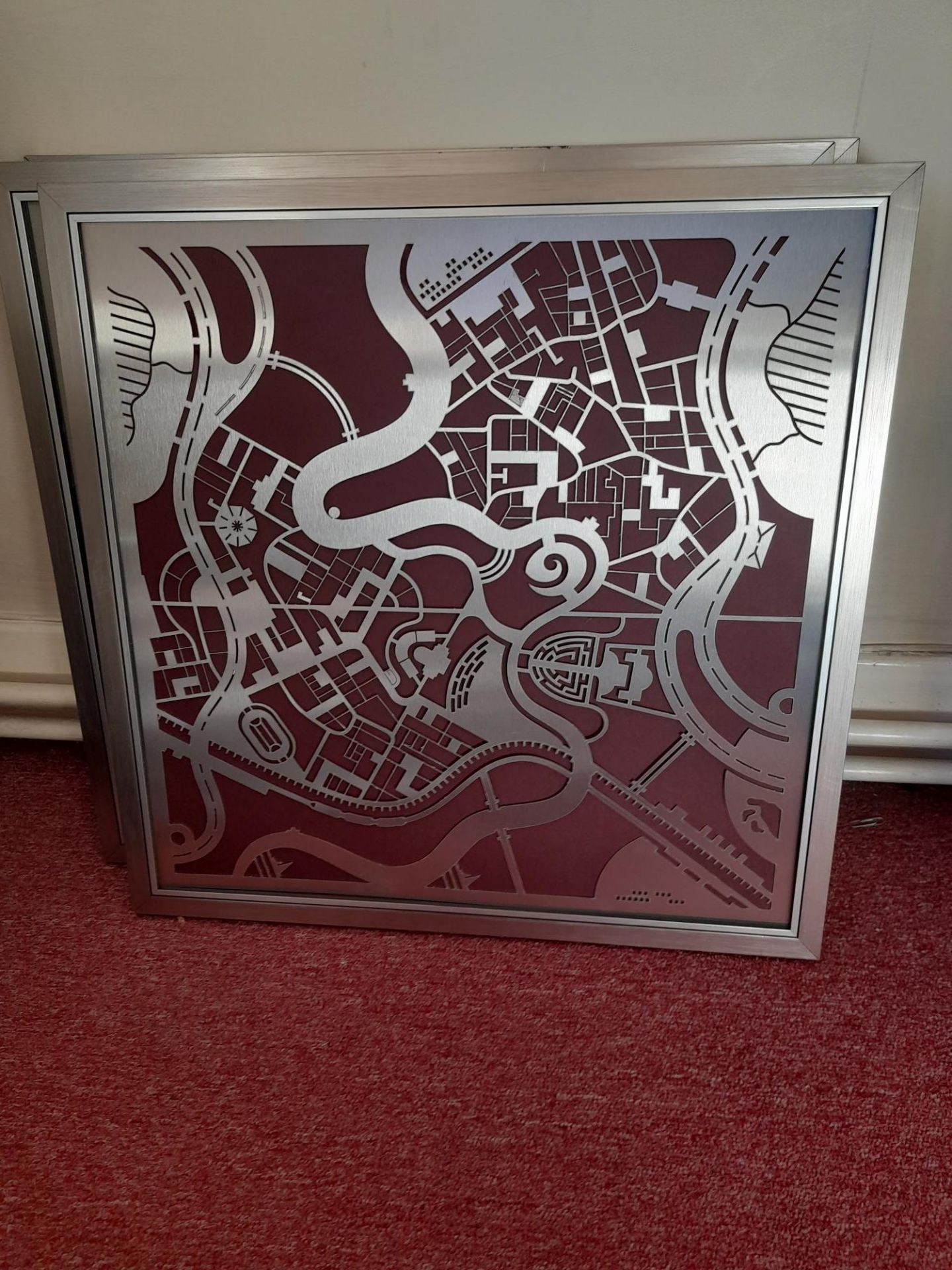 Collection of 6 framed, stylised, laser cut stainless steel maps/artwork (Label to rear noting Hisco - Image 3 of 7